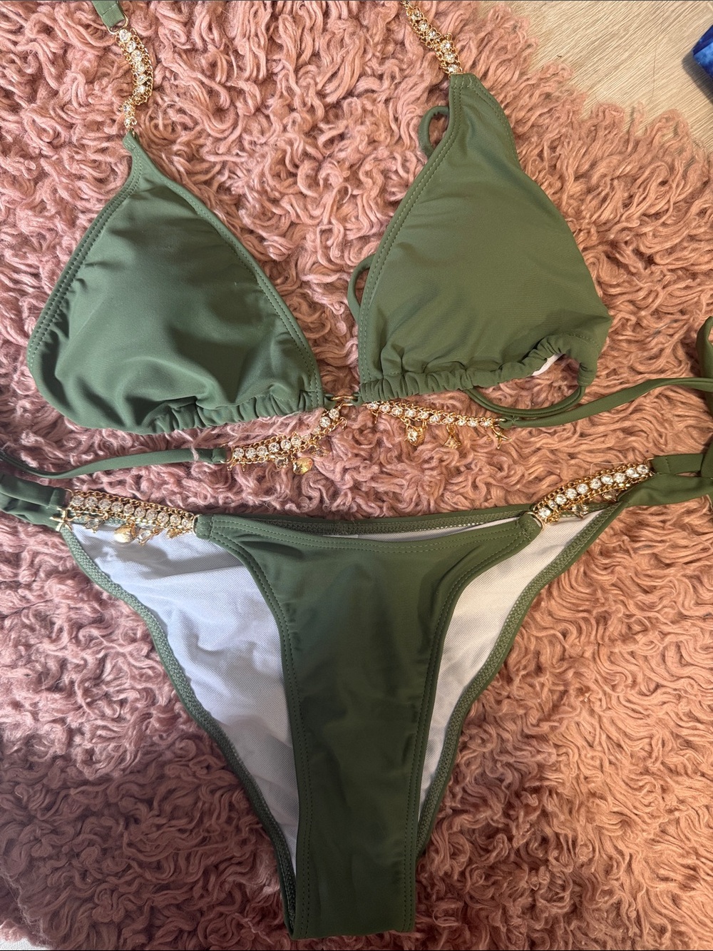 Olive Green Embellished Triangle Bikini - Women Swim - Medium